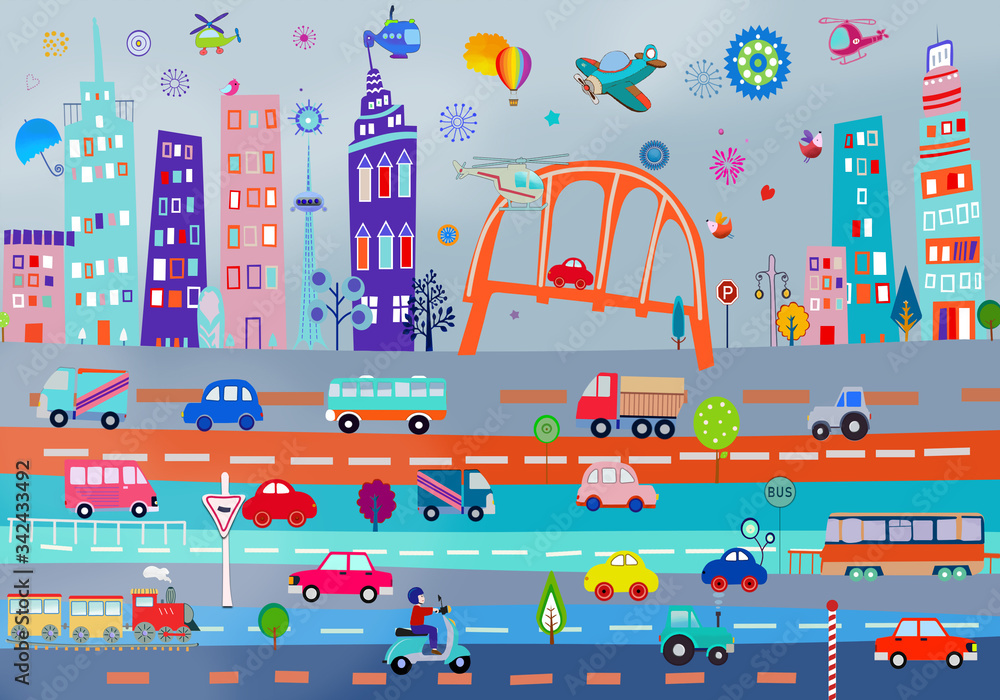 Fantastic city. Great for kids. Modern illustration.