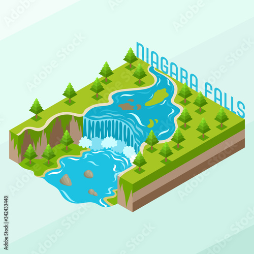 Isometric Vector Illustration Representing Niagara Waterfalls, Landmark of Ontario, Canada, New York, United States