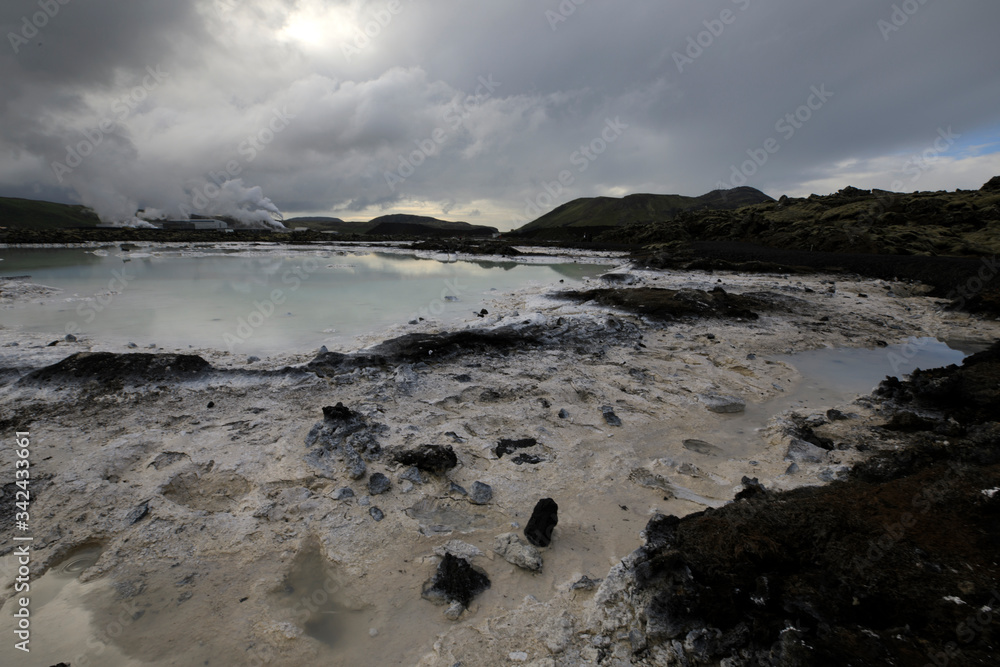 Fototapeta premium Grindavik / Iceland - August 15, 2017: The geothermal hot water and landscape around blue lagoon, Reykjavik, Iceland, Europe
