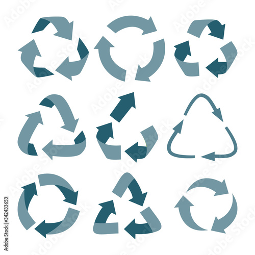 Vector recycling and upcycling signs, isolated on white background. Blue reuse symbols for ecological design. Zero waste lifestyle.