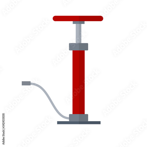 Air pump. Mechanical device for pumping. Pressure increase. Cartoon flat illustration. Red cylinder with handle and hose