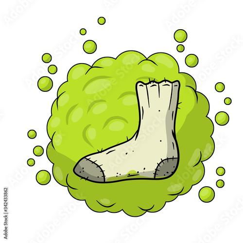Dirty sock. Sloppy clothes. Stinky toe. Grey Object for washing. Cartoon flat illustration. Green bubble acid cloud. Smelly feet. Bad stench