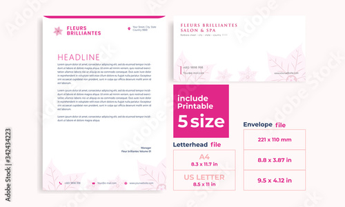 Beauty pink letterhead,Envelope minimalist Bougainvillea size DL, A4 and US Letter design template

