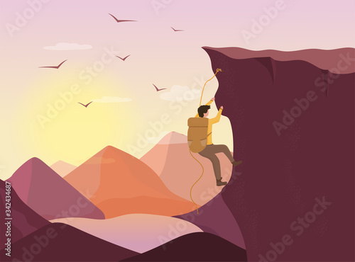 Mountaineer rock climbing approaching the summit with birds circling above and distant mountain peaks beneath a hot sun, vector illustration