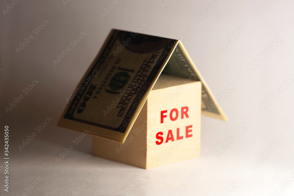 Crisis in the real estate market. House under a money roof, selling a house, home for sale. Mortgage, anxiety Crisis in the real estate market. House under a money roof, selling a house, home for sale. Mortgage, anxiety