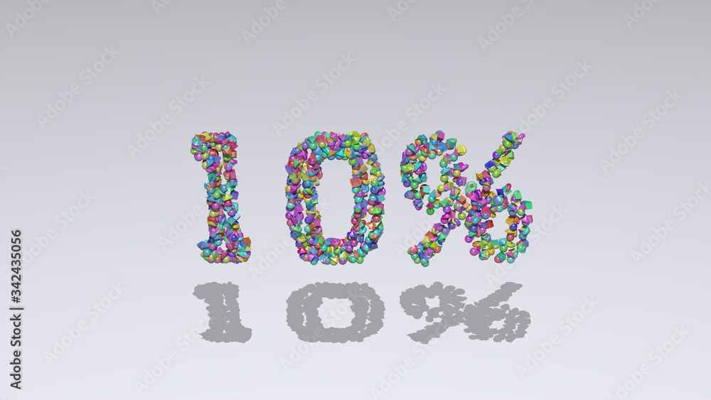 Colorful 3D writting of 10% text with small objects over a white background and matching shadow Colorful 3D writting of 10% text with small objects over a white background and matching shadow