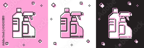 Set Plastic bottles for laundry detergent, bleach, dishwashing liquid or another cleaning agent icon isolated on pink and white, black background.  Vector Illustration