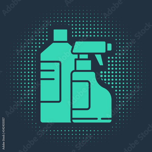 Green Plastic bottles for laundry detergent, bleach, dishwashing liquid or another cleaning agent icon isolated on blue background. Abstract circle random dots. Vector Illustration