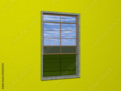 Sash window made of stone and wood on YELLOW wall opened to outside grass and blue sky with light reflection. 3D illustration