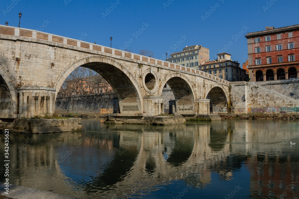  View to bridge above river Tiber in Roma.