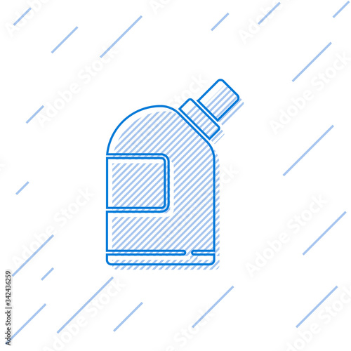 Blue line Plastic bottles for laundry detergent, bleach, dishwashing liquid or another cleaning agent icon isolated on white background.  Vector Illustration