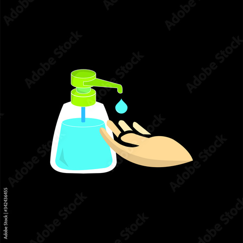 Washing hand with hand sanitizer in a bottle.