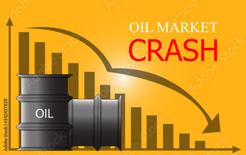 Crude oil price down, abstract illustration with barrel, text and diagram.