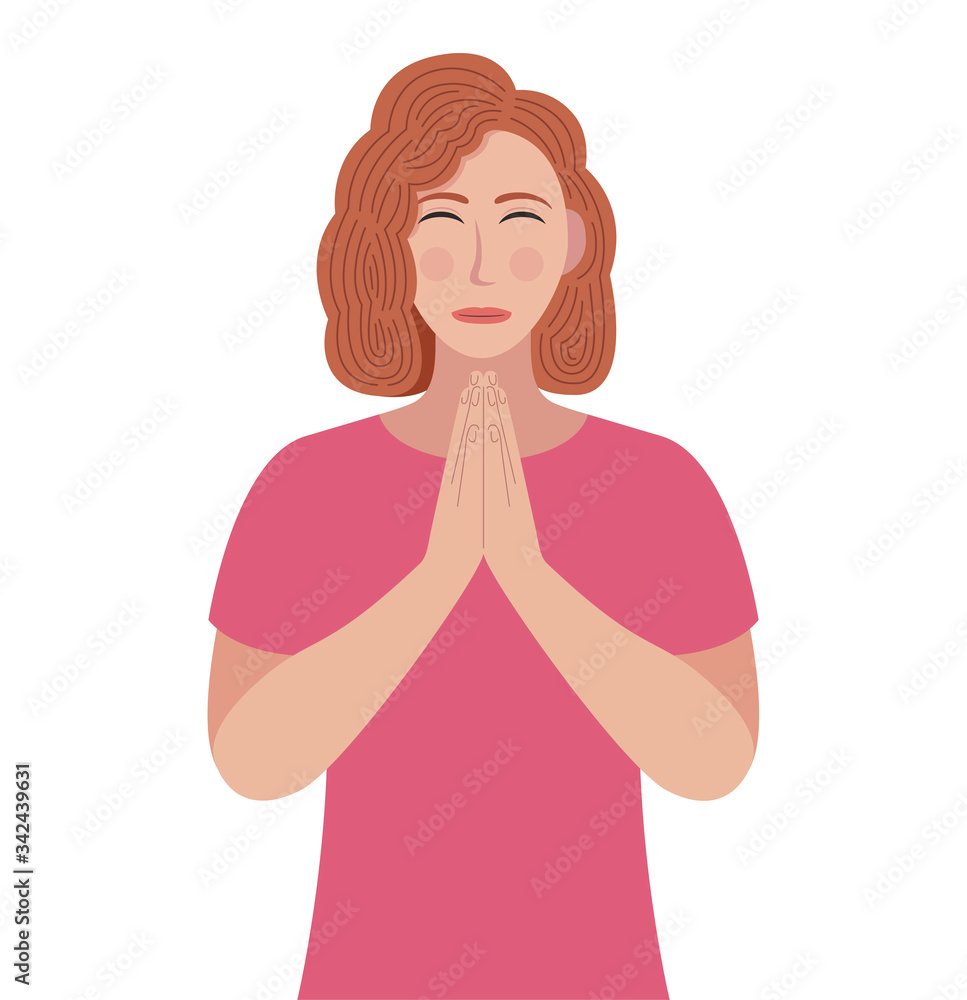 Woman in closed eyes praying hands together. Young girl holding palms in prayer. Vector illustration in cartoon style. Woman in closed eyes praying hands together. Young girl holding palms in prayer. Vector illustration in cartoon style.