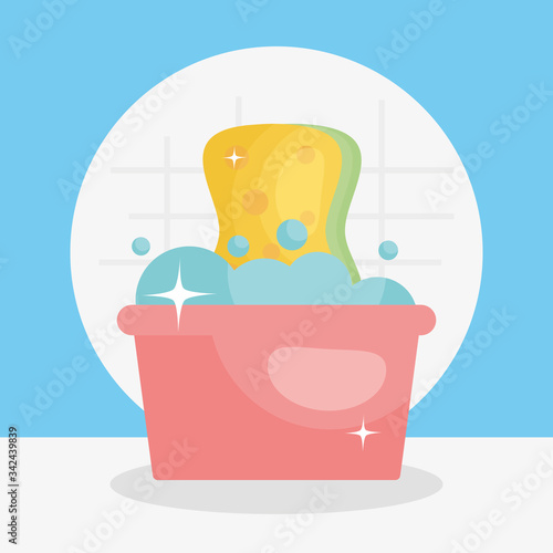 bucket with soapy water and sponge, colorful design
