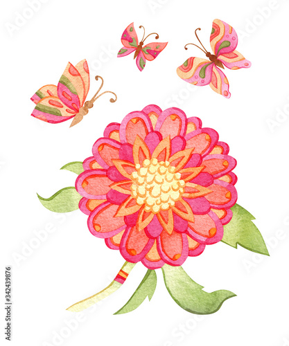 Watercolor floral iluustration. Flower and butterfly romantic card template.