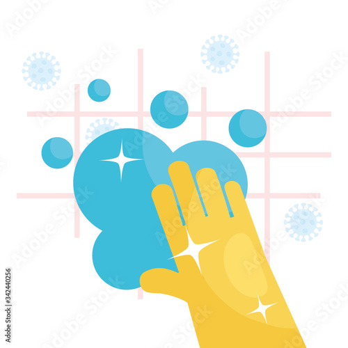 cleaning glove with soapy water, colorful design