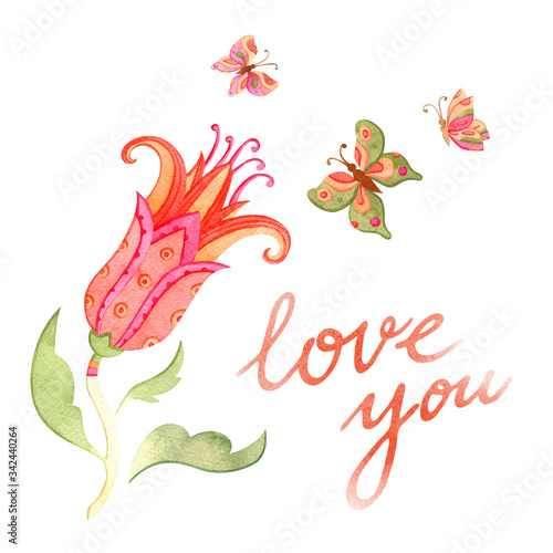 Watercolor floral iluustration. Flower and butterfly romantic card template.