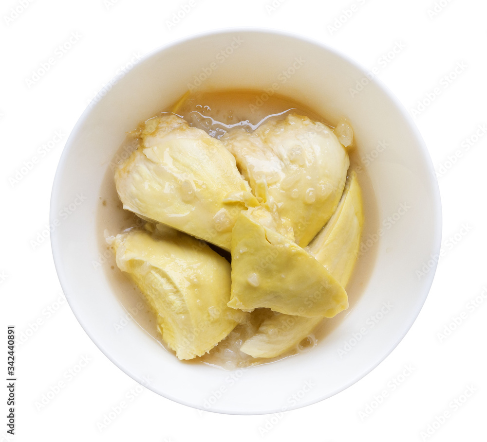 Top view sweet durian with sticky rice and coconut milk, Thai style dessert isolated on white background, clipping path included Top view sweet durian with sticky rice and coconut milk, Thai style dessert isolated on white background, clipping path included
