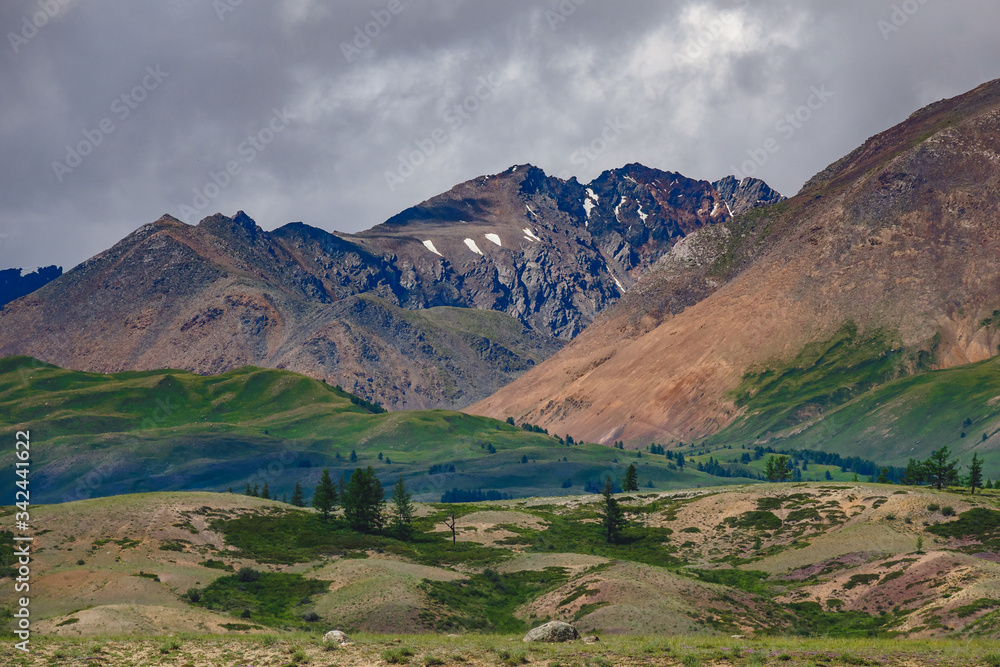 An impressive mountain range in Kuray steppe of Altai Krai, Russia