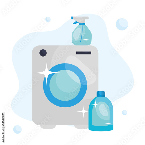 washing machine and cleaning products bottles, colorful design