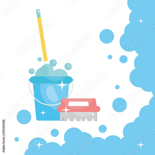 cleaning brush and mop in a bucket with soapy water, colorful design