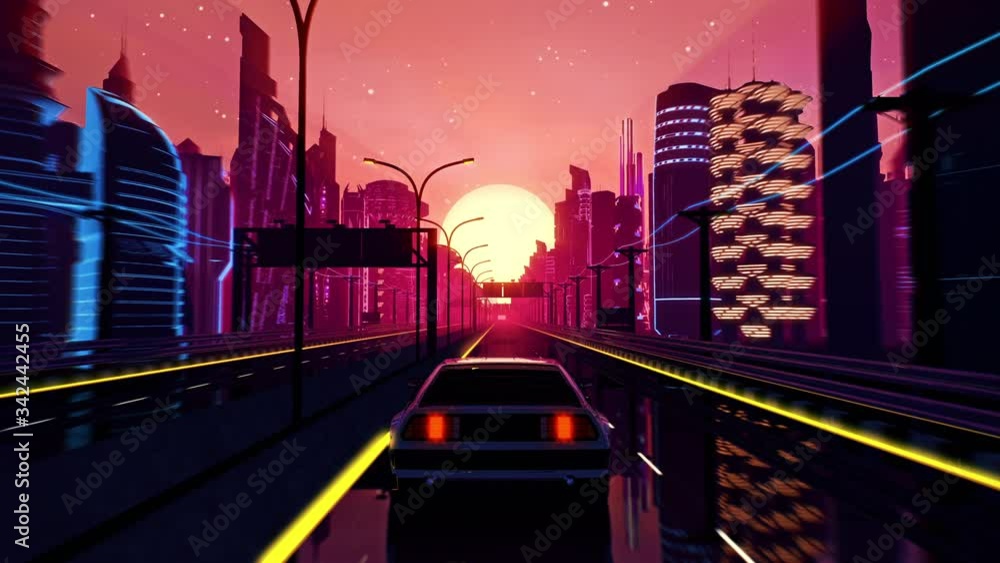 Retro-futuristic 80s style drive in neon city. Seamless loop of cyberpunk sunset landscape with a moving car on a highway road. VJ synthwave looping 3D animation for music video. 4K stylized vintage