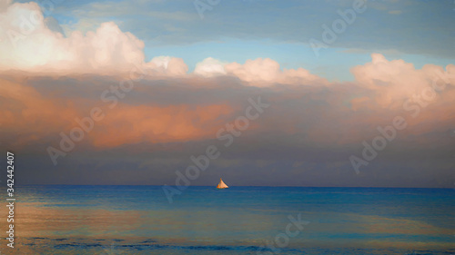 Oil painting a small yacht on the horizon in the sunset sea