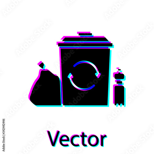 Black Recycle bin with recycle symbol icon isolated on white background. Trash can icon. Garbage bin sign. Recycle basket.  Vector Illustration