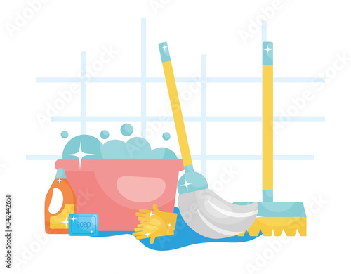 bucket with soapy water and cleaning tools, colorful design