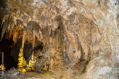 Calcite inlets, stalactites and stalagmites in large underground halls in Carlsbad Caverns National Park, New Mexico. USA