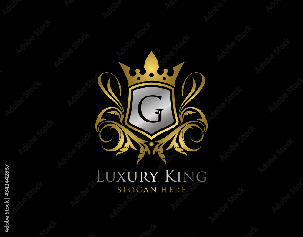 Luxury King G Letter Gold Logo, Golden G Classic Crown. Luxury King G Letter Gold Logo, Golden G Classic Crown.
