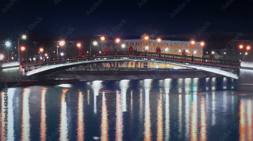 Oil painting Tretyakov bridge of love in Moscow at night