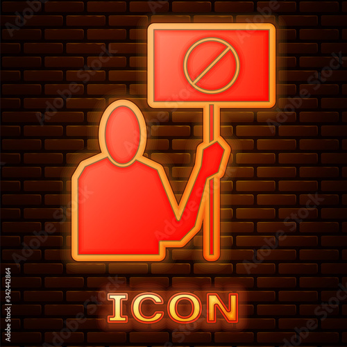 Glowing neon Nature saving protest icon isolated on brick wall background. Earth planet protection, environmental issues demonstration.  Vector Illustration