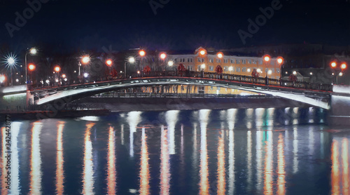 Oil painting Tretyakov bridge of love in Moscow at night