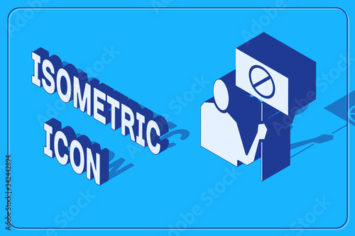 Isometric Nature saving protest icon isolated on blue background. Earth planet protection, environmental issues demonstration.  Vector Illustration