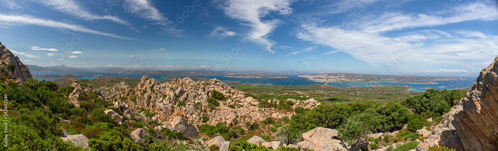 Panoramic view of the wild coast of the island of Caprera in the Maddalena archipelago in Sardinia, Italy.