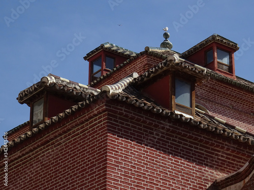 Traditional roof with multiple dormers windows and two colored tiles.City of Malaga. Spain. 