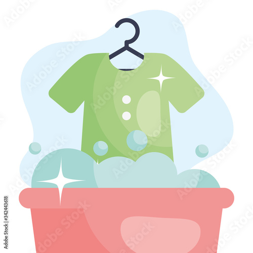 tshirt and bucket with soapy water, colorful design