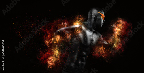 Sprinter and runner man in fire. Running concept. Fitness and sport motivation. Strong and fit athletic, guy in body paint sprinter or runner, running on black background.