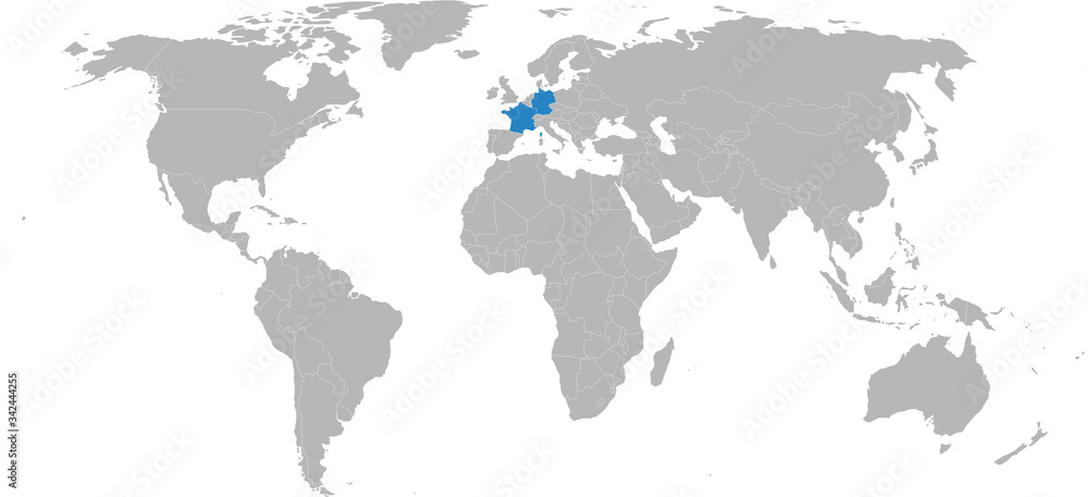 Naklejka Francja, Niemcy wyróżnione na mapie świata. Jasnoszarym tle. Koncepcje biznesowe, stosunki dyplomatyczne, przyjaźnie, podróże, handel i transport.