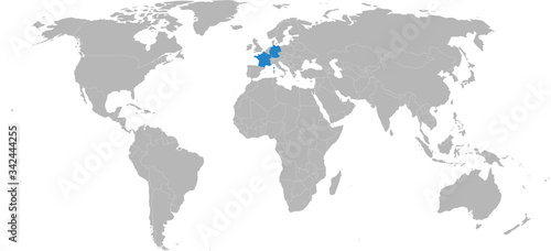 France  germany highlighted on world map. Light gray background. Business concepts  diplomatic  friendship  travel  trade and transport relations.