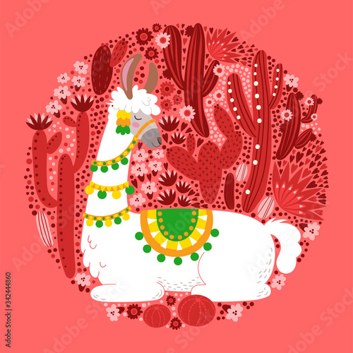 Illustration with llama and cactus plants. Vector seamless pattern on botanical background. Greeting card with Alpaca. Round composition on red.