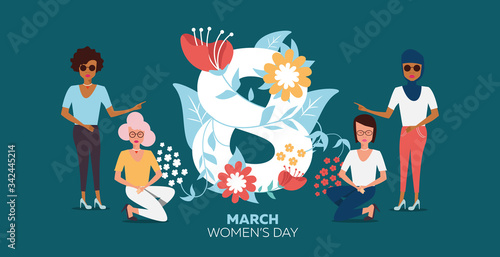 Vector illustration of the International Women's Day with flower decor with girls of different nationalities for the equality of women in society on a blue-green background.