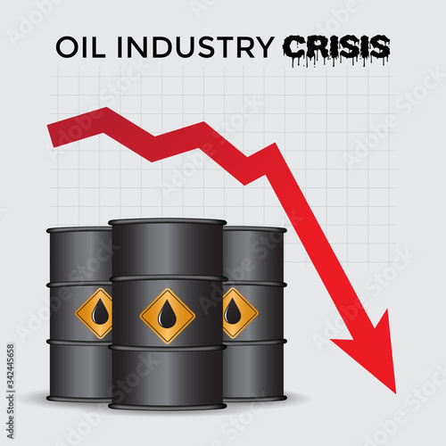 Oil industry crisis concept. Oil barrels with crude oil 6 month price chart and an arrow pointing downwards on background. Vector Illustration. Square format.
