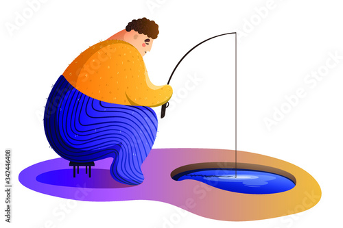 A fisherman sits on a chair and catches fish in a cartoon hand-drawn style.Fishing concept.Rest at nature. Camping.Summer vacation concept. Character Design Isolated Vector flat stock illustration.