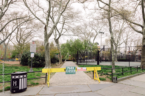 April 20 2020 - Hoboken NJ: local park is closed due to the COVID-19 Coronavirus outbreak. The parks are closed to increase social distancing and prevent people from congregating photo