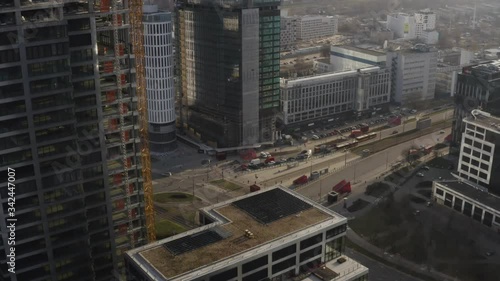 Drone 4k. View of city during Coronavirus. Warsaw in Poland. Skyscreapers, buildings, streets. photo