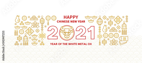 Vector banner, card with a illustration of the Ox Zodiac sign, Symbol of 2021 on the Chinese calendar
