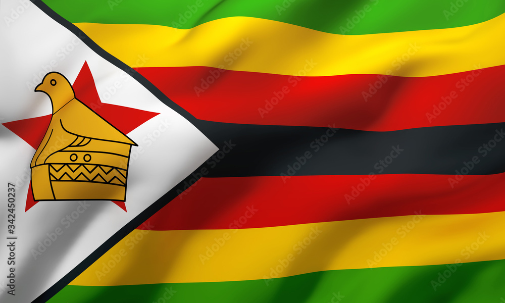 Flag of Zimbabwe blowing in the wind. Full page Zimbabwean flying flag. 3D illustration. Flag of Zimbabwe blowing in the wind. Full page Zimbabwean flying flag. 3D illustration.